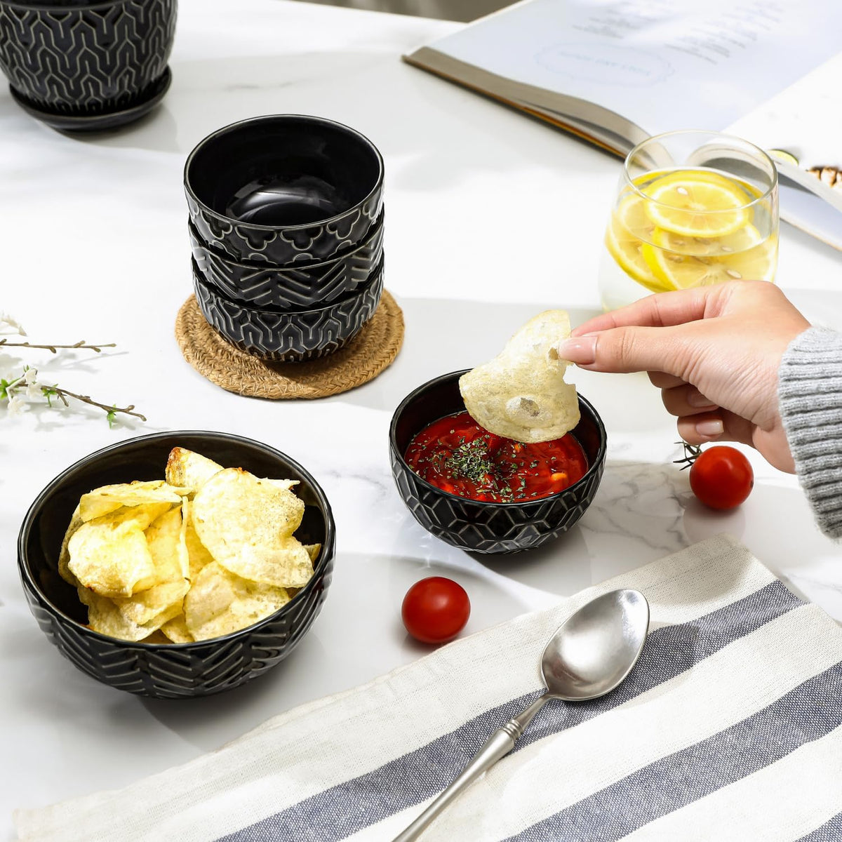 Sureasy Small Bowls 4 OZ, 3.5 Inch Dipping Bowls, Ceramic Embossed Mini Bowl for Side Dishes