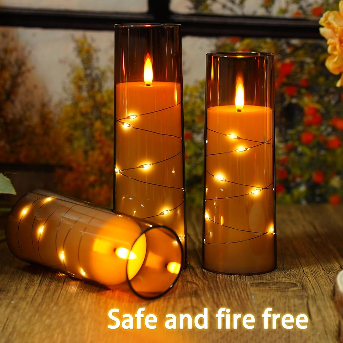 Flickering Flameless LED Candles, 9 Pcs with Embedded Star String, Acrylic LED Pillar Candles with