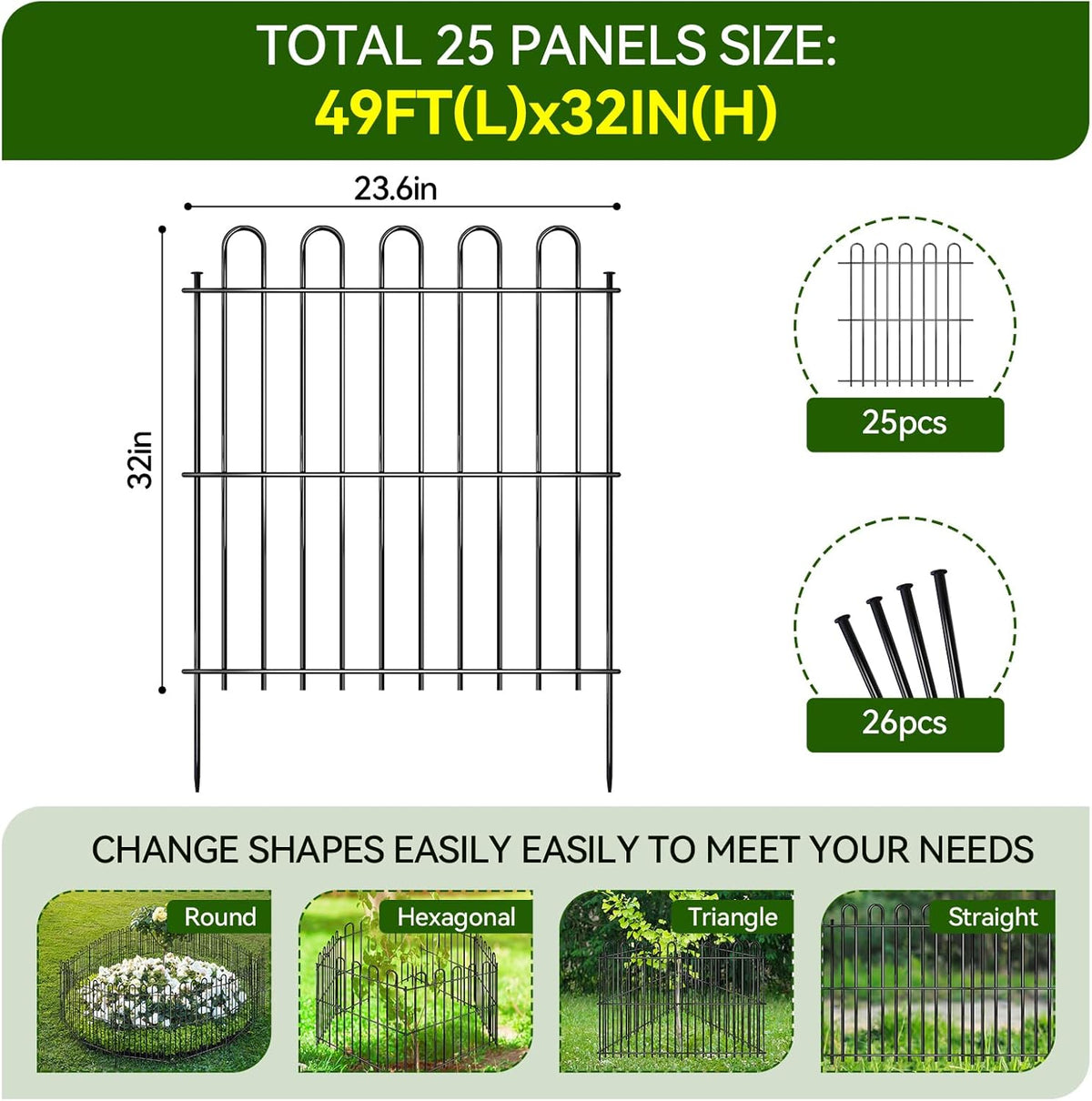 25 Panels Decorative Garden Fence, 50ft X 32in Rustproof Metal Animal Barrier Fence, No Dig Fence