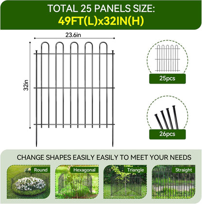 25 Panels Decorative Garden Fence, 50ft X 32in Rustproof Metal Animal Barrier Fence, No Dig Fence