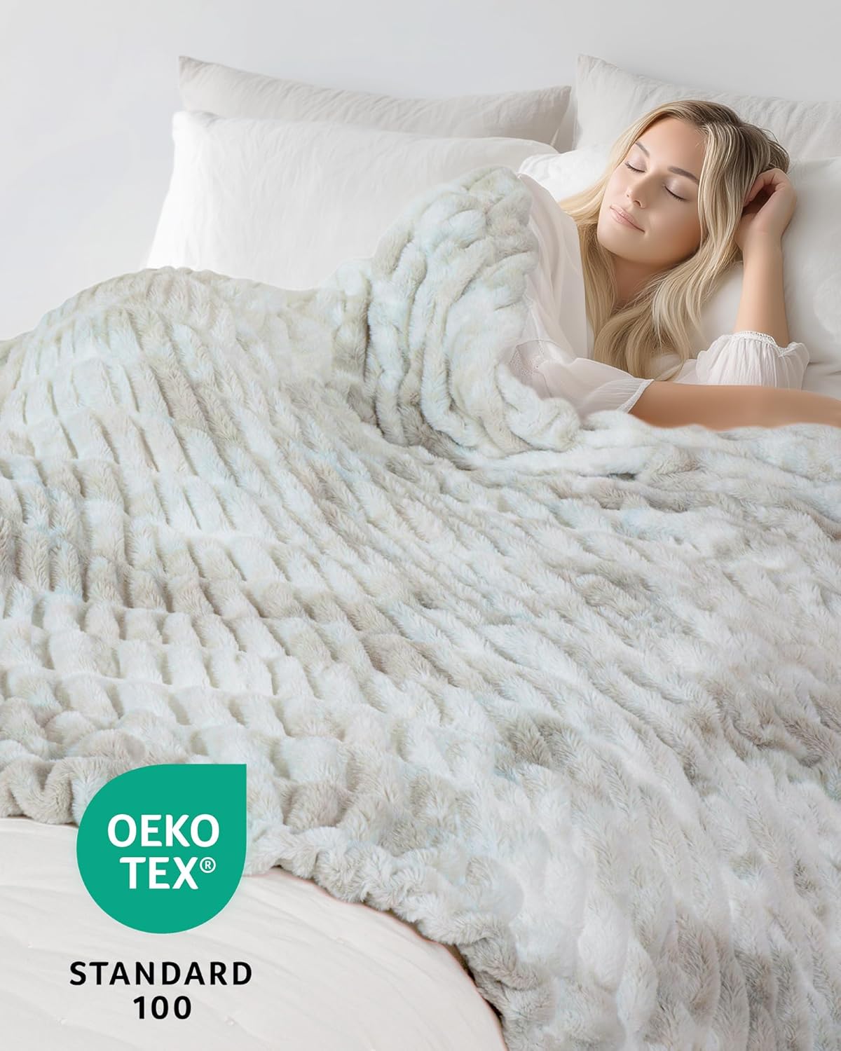 Faux Fur Blanket, Twin Size Oversized Throw Blanket for Couch, Fluffy Blanket with Stretch Ruched