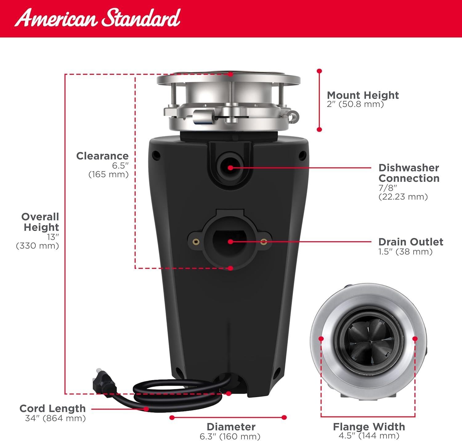 American Standard 10-US-AS-3 Garbage Disposal Anti-Jam Stainless Steel Food Waste Grinding System