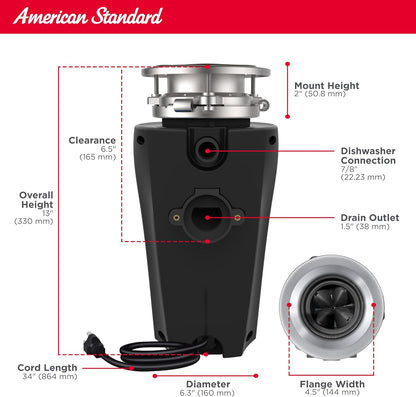 American Standard 10-US-AS-3 Garbage Disposal Anti-Jam Stainless Steel Food Waste Grinding System