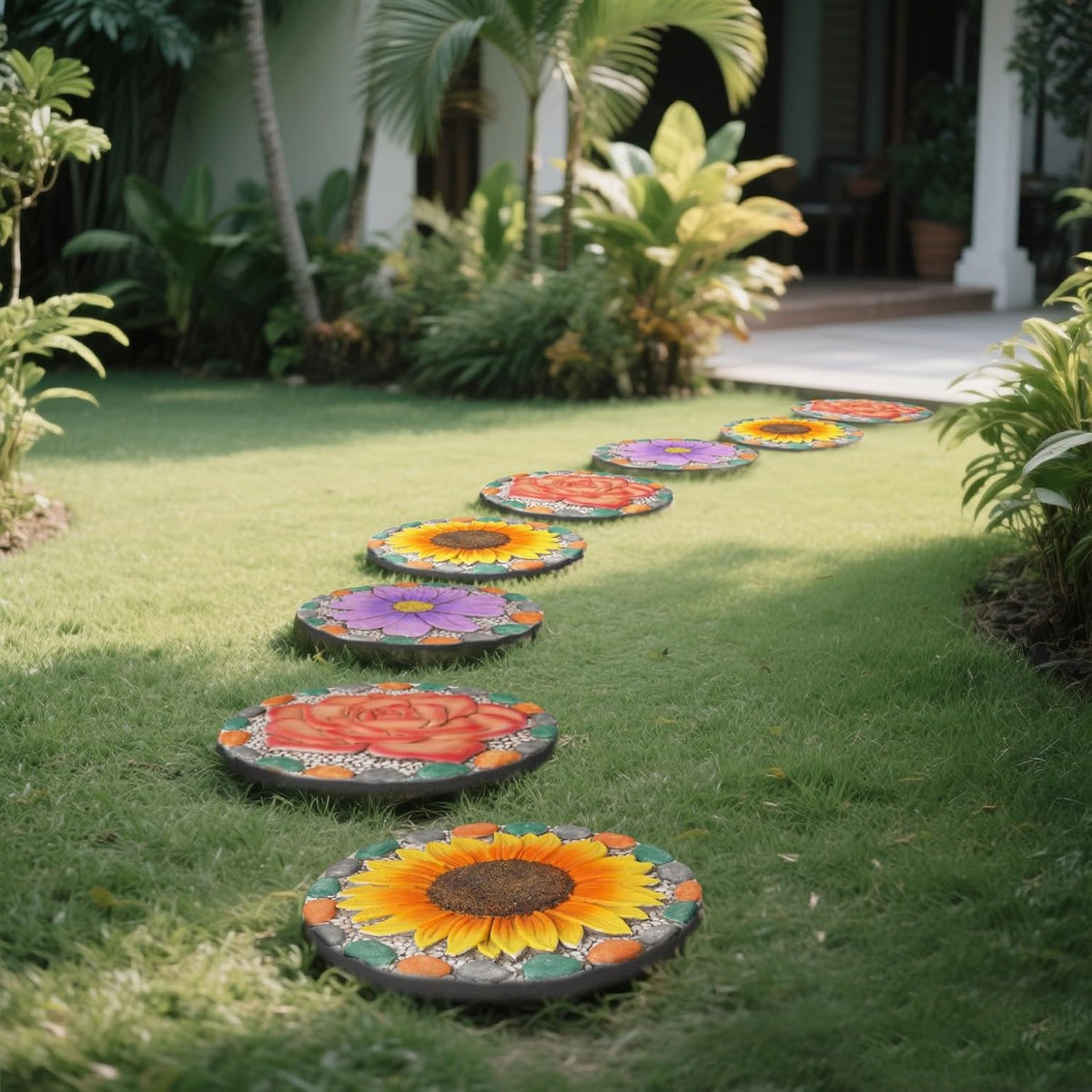 Decorative Rose Garden Stepping Stone - Stepping Stones Outdoor with Colorful Pebble Border, 10x10