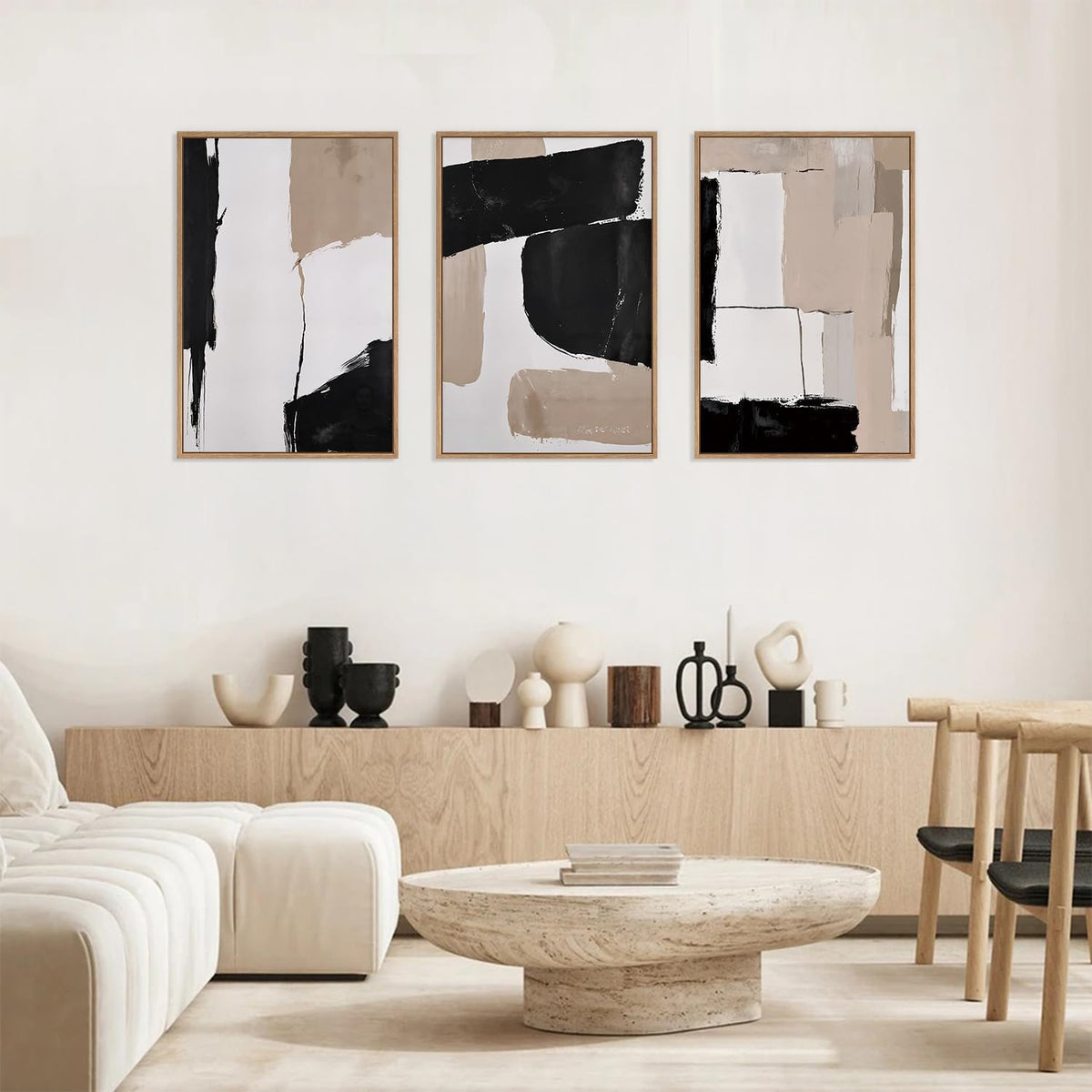 HLNIUC Large Framed Neutral Abstract Canvas Wall Art,Black and White Abstract Wall Decor Set of
