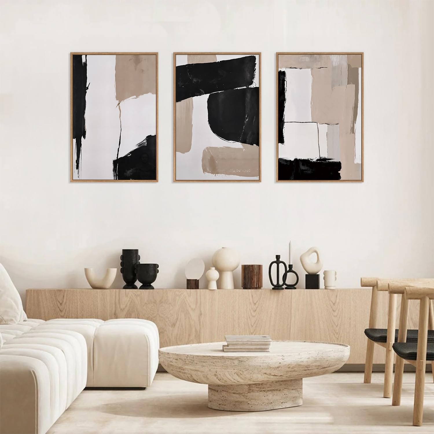 HLNIUC Large Framed Neutral Abstract Canvas Wall Art,Black and White Abstract Wall Decor Set of