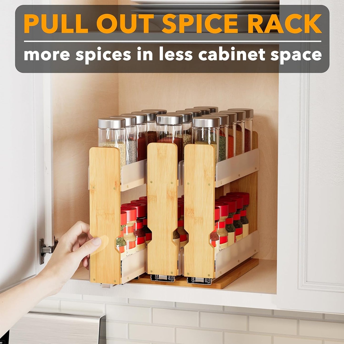 SpaceAid Bamboo Pull Out Spice Rack Organizer for Cabinet, Heavy Duty Slide Out Seasoning Kitchen