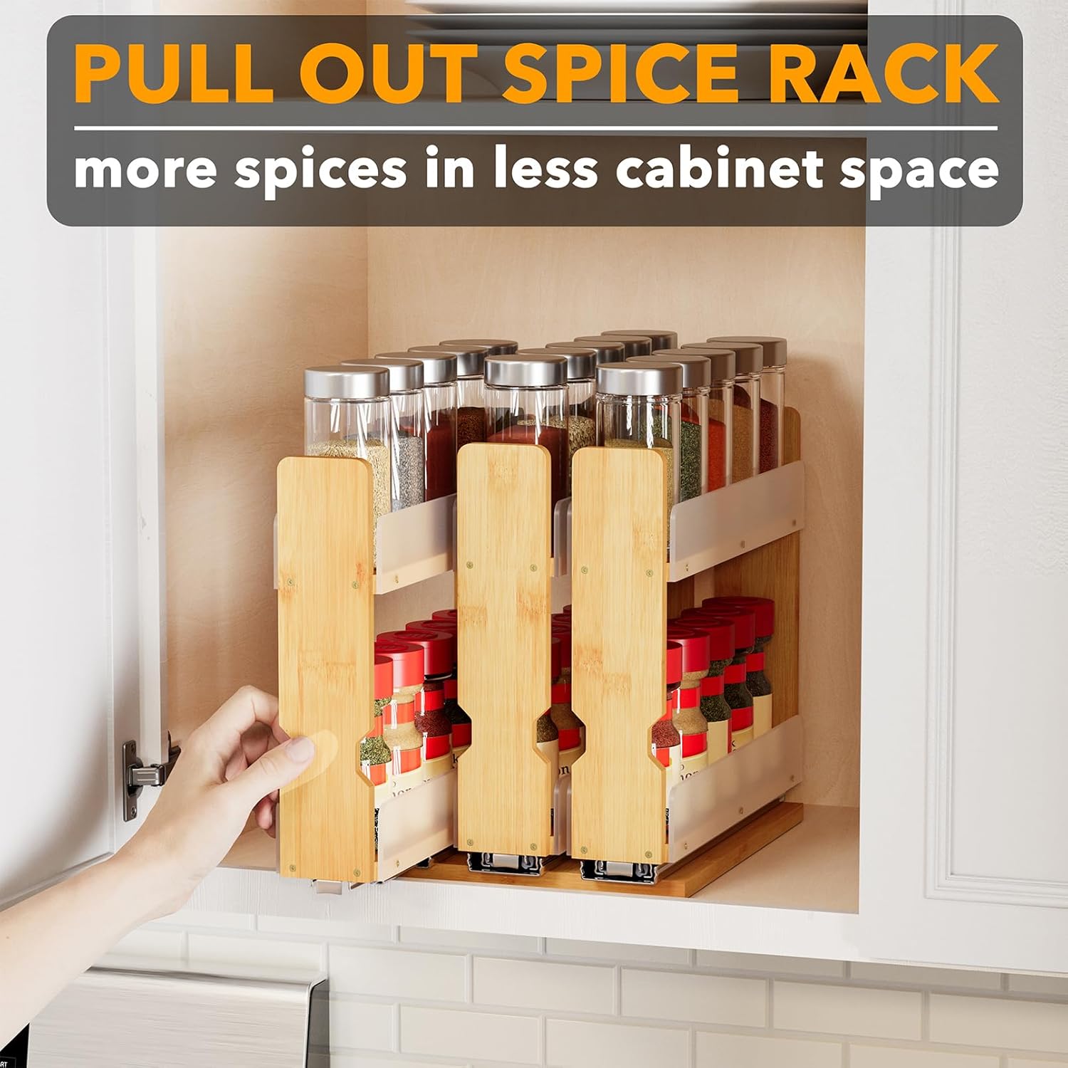 SpaceAid Bamboo Pull Out Spice Rack Organizer for Cabinet, Heavy Duty Slide Out Seasoning Kitchen