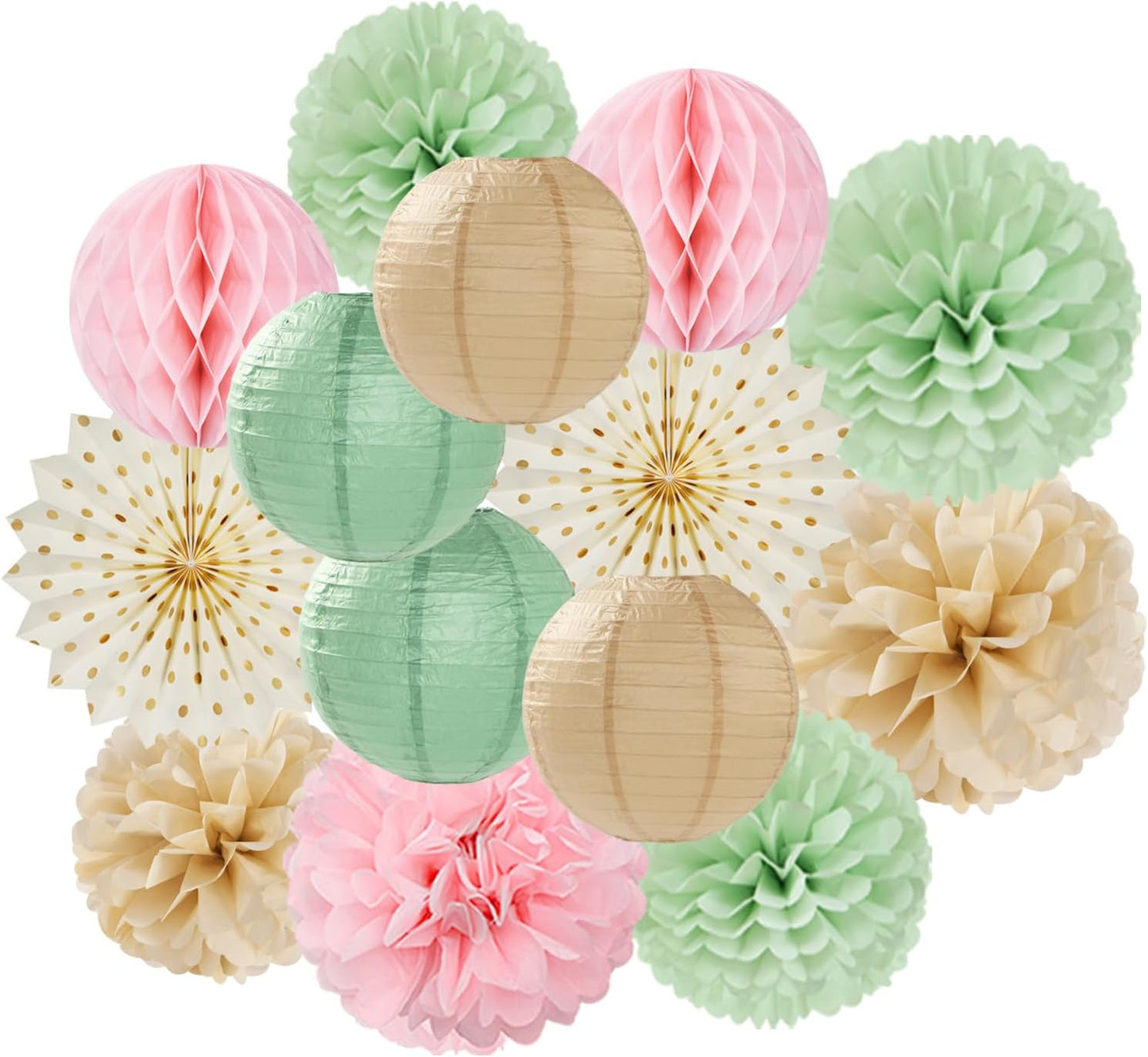 Sage-Green Pink-Champagne Party-Decorations Streamers Lanterns - 14pcs Neutral Baby Shower Paper