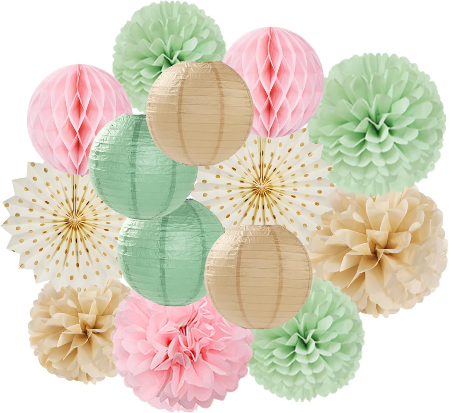 Sage-Green Pink-Champagne Party-Decorations Streamers Lanterns - 14pcs Neutral Baby Shower Paper
