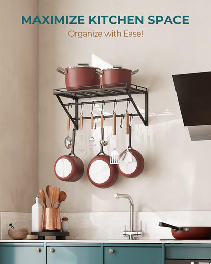OROPY 23 Inch Wall Mounted Pot Rack Storage Shelf with 2 Tier Hanging Rails 12 S Hooks included