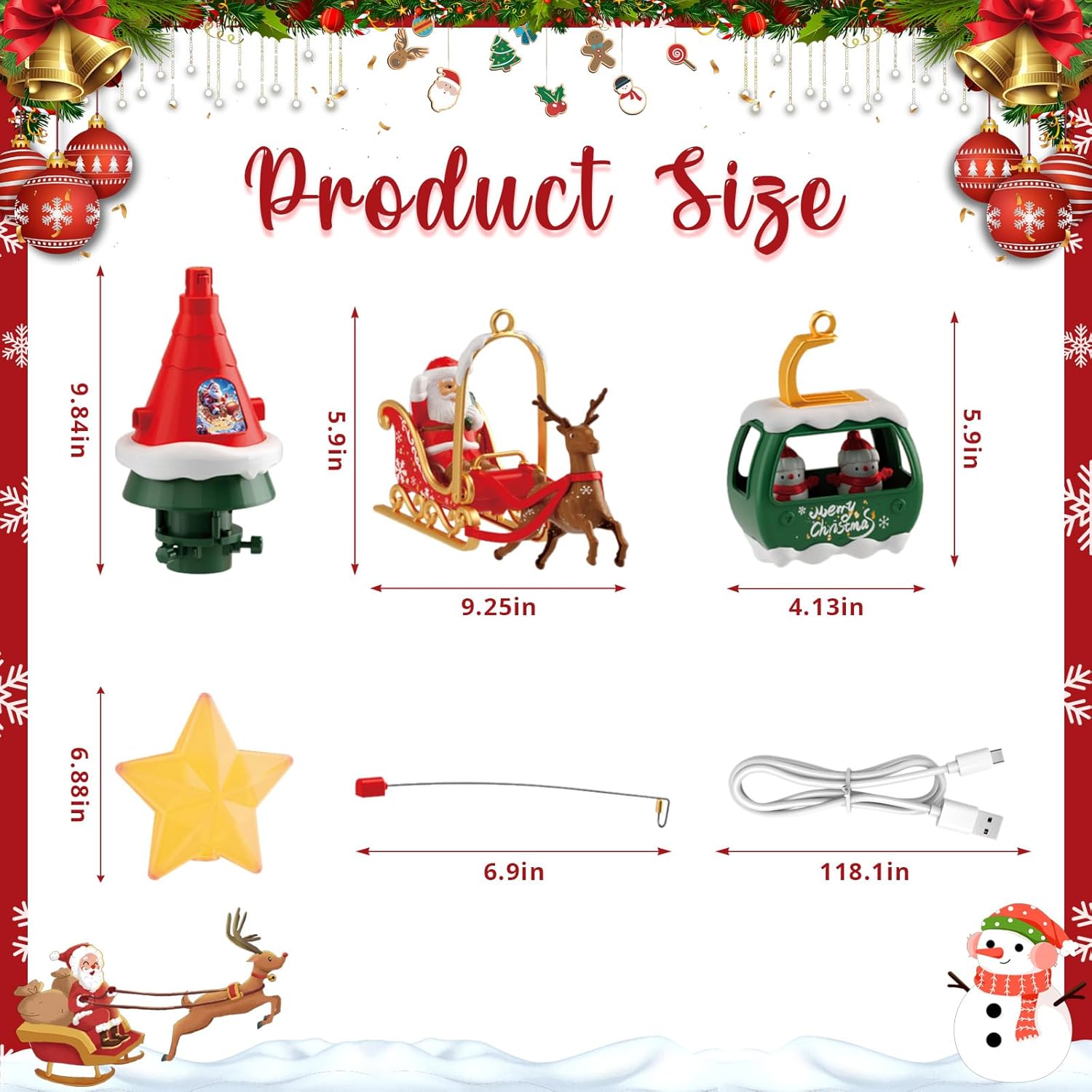 Musical Rotating Christmas Tree Topper with LED Star Light, Santa Sleigh and Cable Car Decorations
