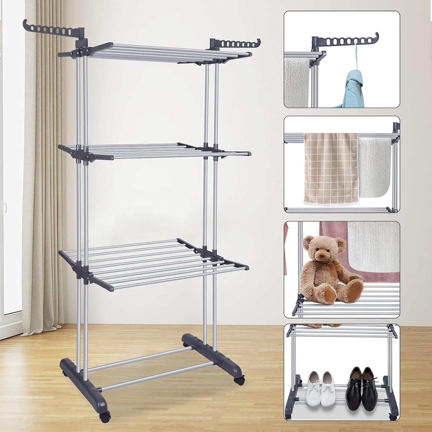 Bigzzia Clothes Drying Rack Folding Drying Rack Clothing 4 Tier Clothes Horses Rack Stainless Steel