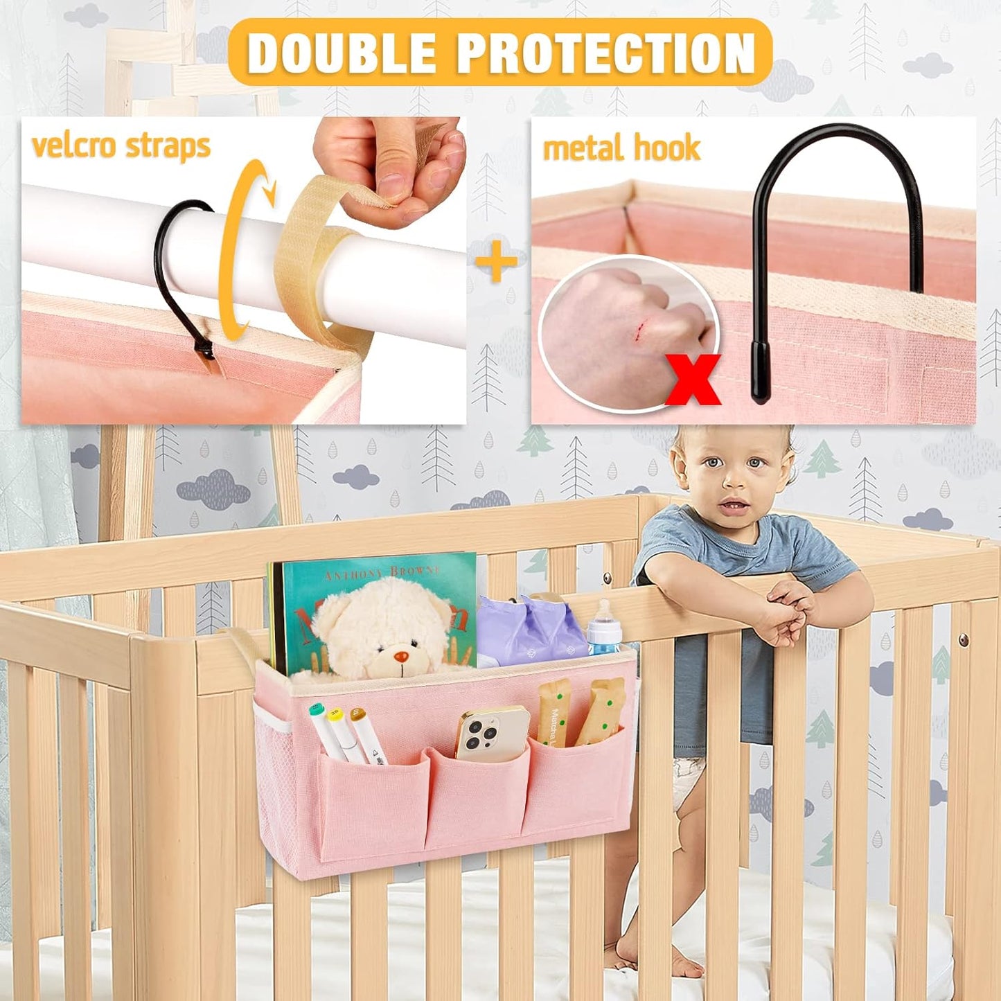 Bedside Organizer with Fixed Straps and Water Bottle Holder for Home, College, Dorm, Bunk