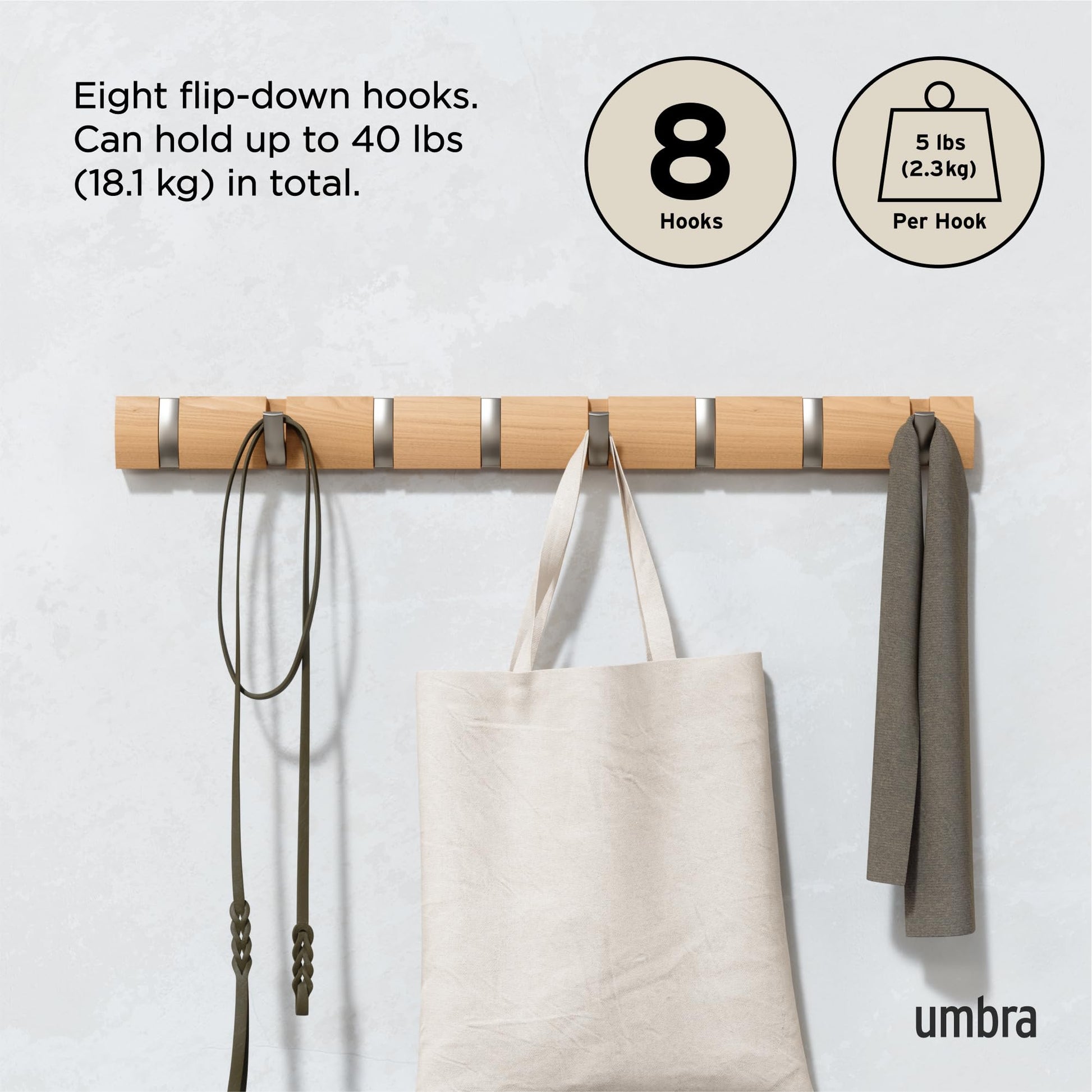 Umbra Flip Coat Rack, Wall Mount 8-Hook, Space Saving, Natural/Nickel