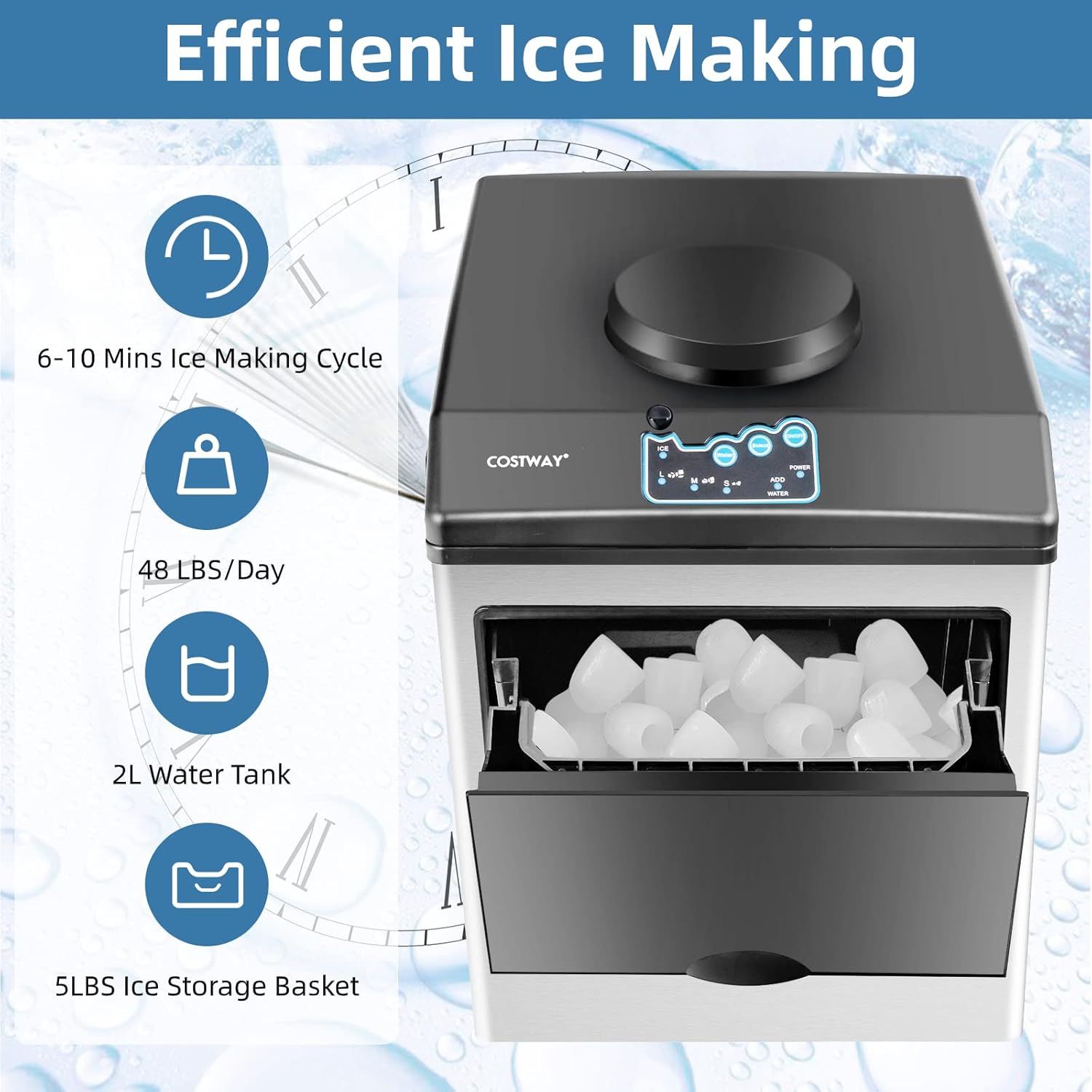 COSTWAY 2 in 1 Countertop Ice Maker Built-in Water Dispenser, 48LBS per Day, S/M/L Size Ice Cube