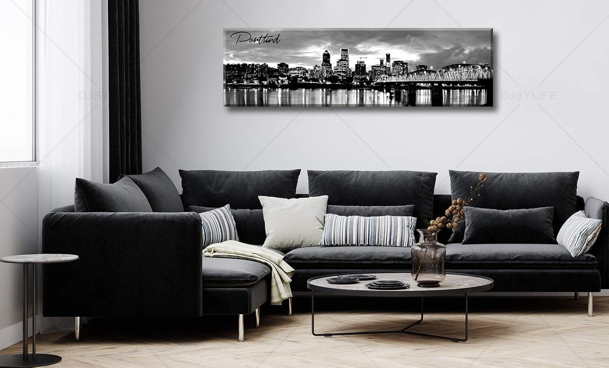 DJSYLIFE-Portland Skyline Canvas Print Modern City Landscape Wall Art USA Skyscraper Black and