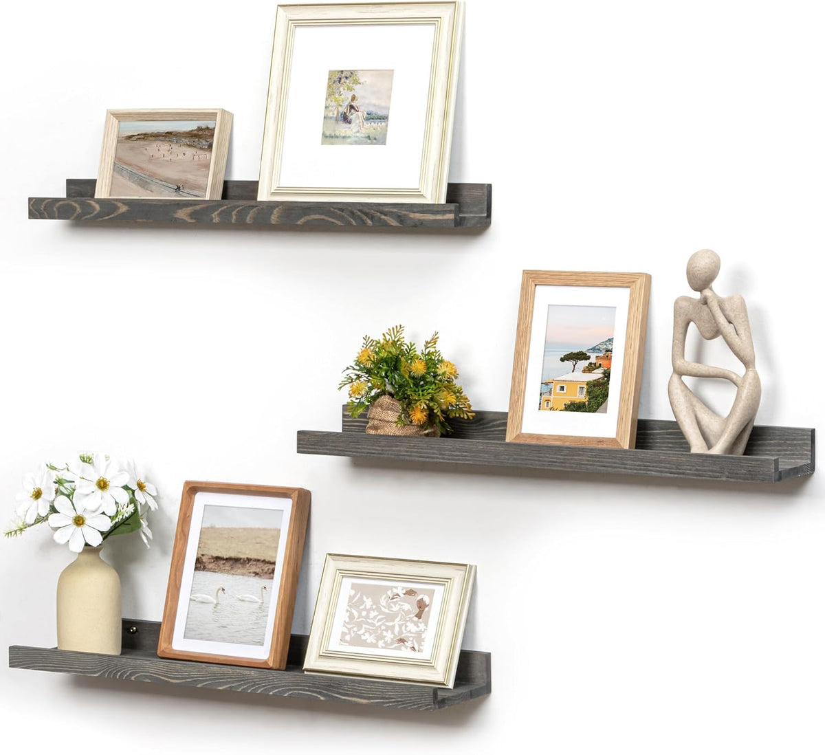 Picture Ledge Wall Shelves - 24 Inch Width Set of 3, Solid Pine Wood Rustic Floating Ledge Shelves