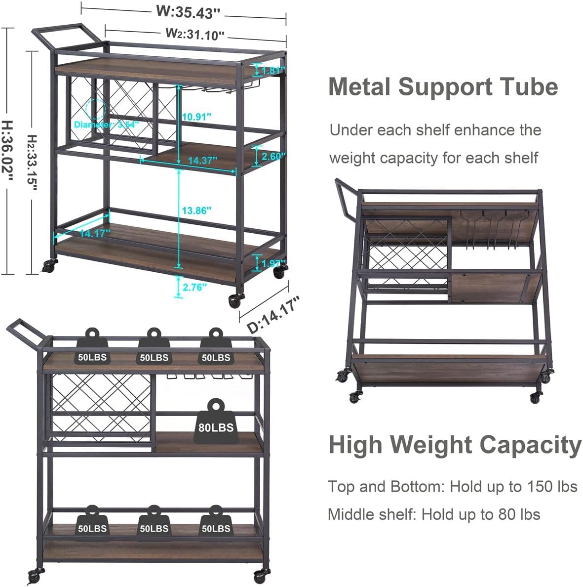 FATORRI Bar Cart for The Home with Wine Rack and Glasses Holder, Small Home Bar Serving Cart on