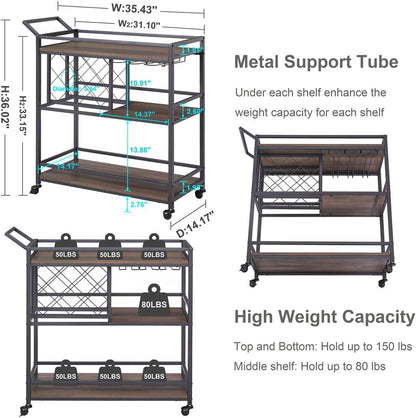 FATORRI Bar Cart for The Home with Wine Rack and Glasses Holder, Small Home Bar Serving Cart on