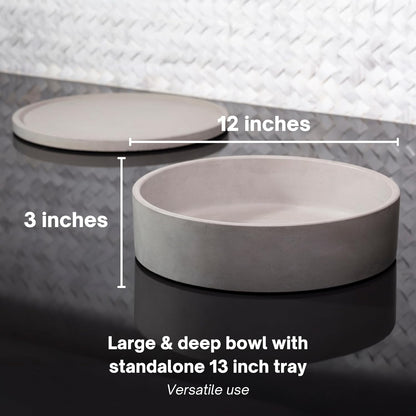 Simon Brothers Concrete Fruit Bowl and Tray Set for Kitchen Counter - Large Decorative Bowls for