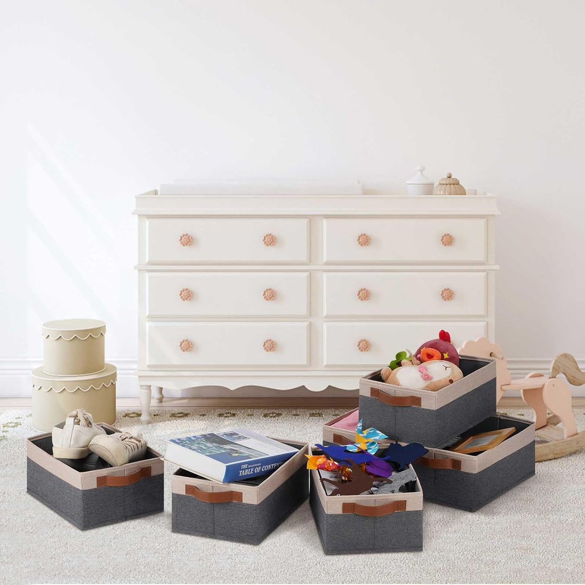 GhvyenntteS Small Fabric Storage Bins 6 Pack, 11.8" x 7.87" x 5.11" Storage Basket with Leather