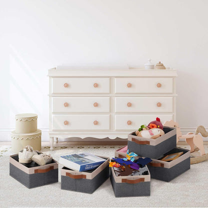 GhvyenntteS Small Fabric Storage Bins 6 Pack, 11.8" x 7.87" x 5.11" Storage Basket with Leather