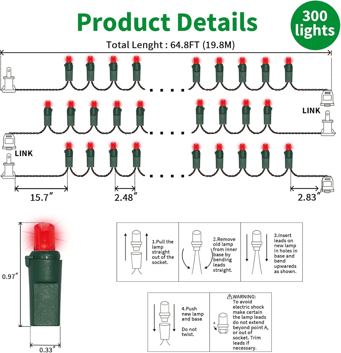Red Wide Angle LED Christmas Lights, 64.8 Ft 300 Count, Pack of 3 Strands 21.9 Ft 100 Lights UL