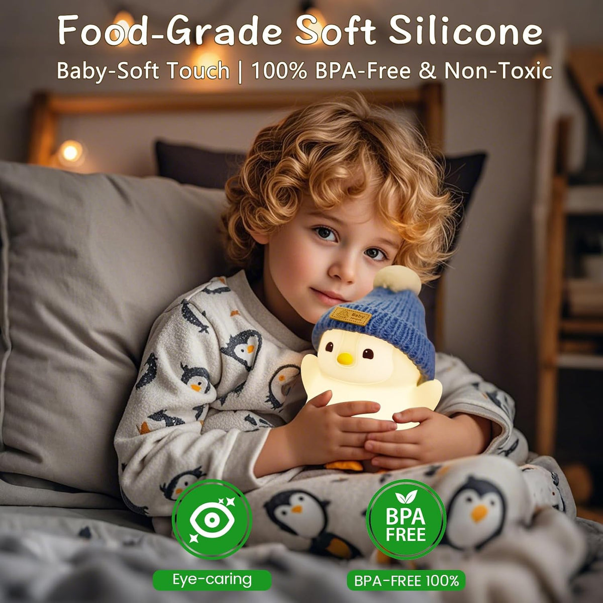 Penguin Night Light for Kids, Adorable Penguin Lamp with Hat, Food Grade Silicone Nursery