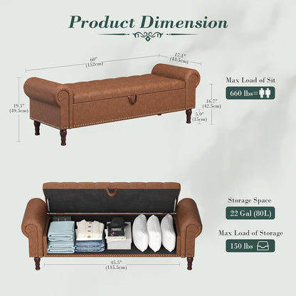 Apicizon 60”Ottoman with Storage, Queen Size End of Bed Storage Bench with Tufted Button