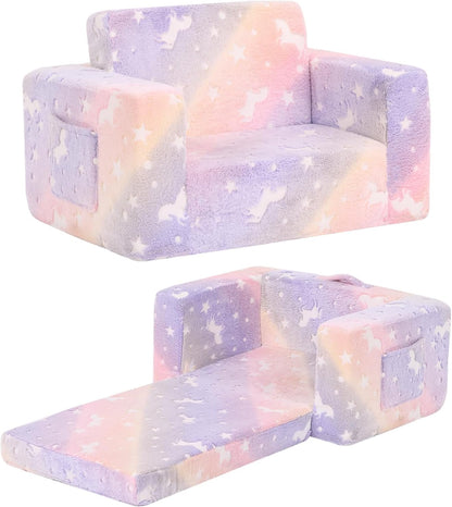 Toddler Chair Kids Couch, 2-in-1 Toddler Soft Sherpa Couch Fold Out Armchair with Removable Cover