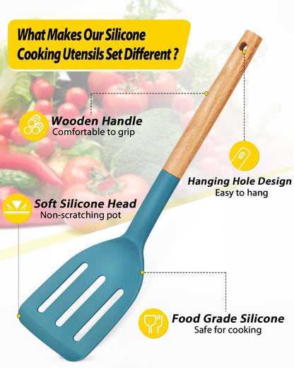Pack of 4 Silicone Cooking Utensils Set, Non Stick Solid Spatulas and Heat Resistant Slotted Spoons