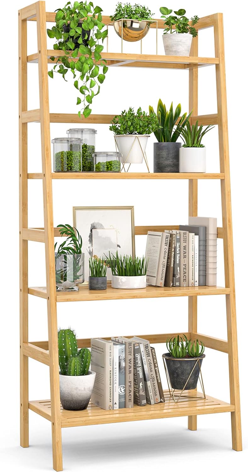 Homykic Bamboo Bookshelf 4-Tier Ladder Shelf, 49.2” Freestanding Open Bookcase Book Shelf Bathroom