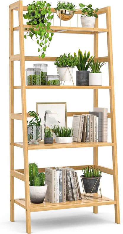 Homykic Bamboo Bookshelf 4-Tier Ladder Shelf, 49.2” Freestanding Open Bookcase Book Shelf Bathroom