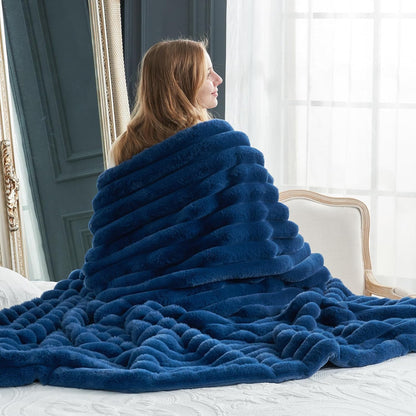 Cozy Bliss Faux Fur Throw Blanket for Couch, Cozy Warm Plush Striped Blanket for Sofa Bedroom