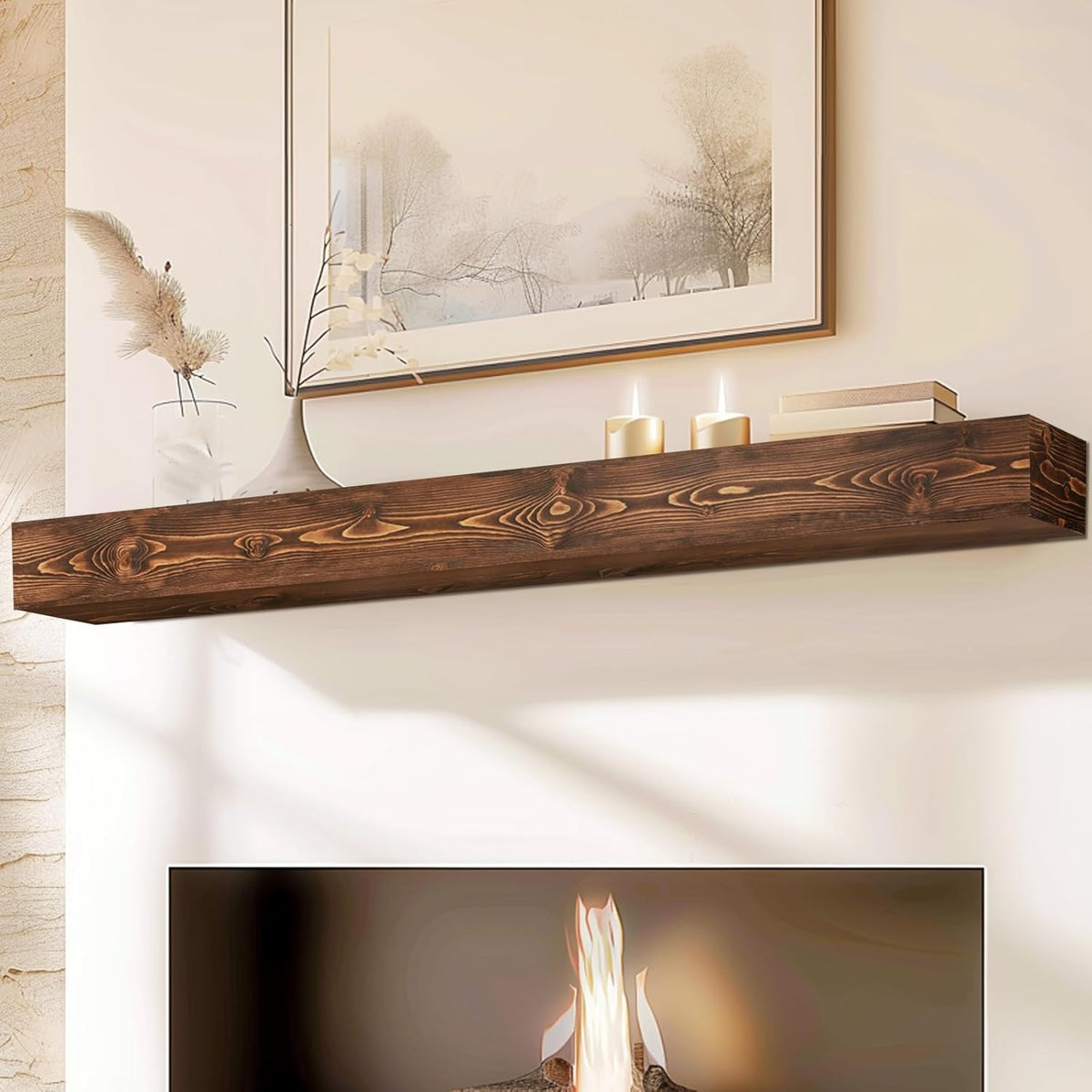 72x8x5 Fireplace Mantel - Handcrafted Hollow Rustic Solid Wood Wall Mounted Floating Shelf with