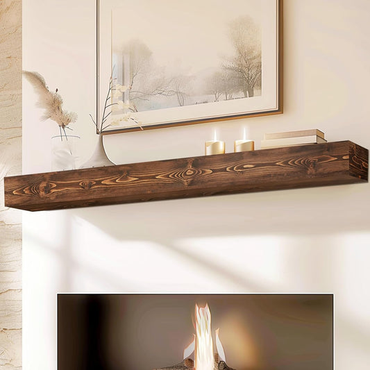 72x8x5 Fireplace Mantel - Handcrafted Hollow Rustic Solid Wood Wall Mounted Floating Shelf with