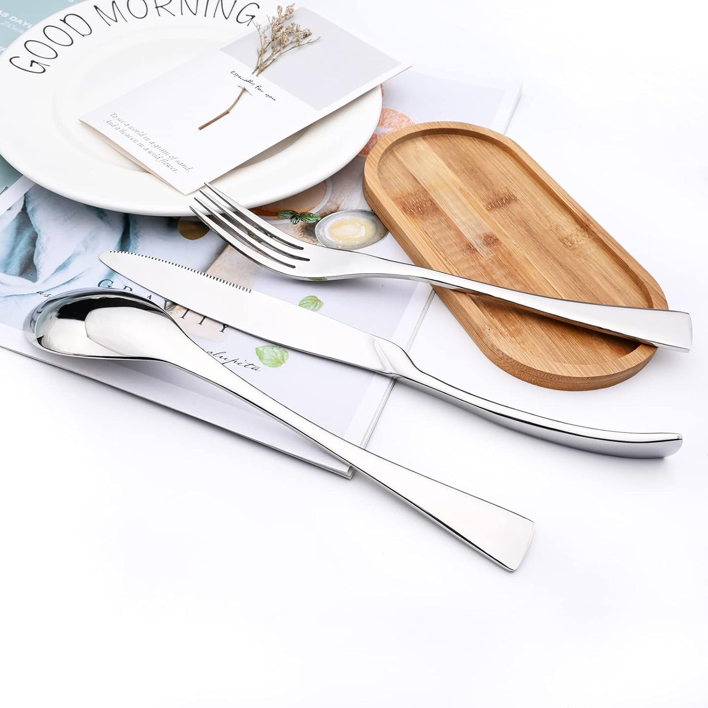 24-Piece Silver Flatware, Mirror 18/10 Stainless Steel Modern & Luxury Dinnerware Set With Serrated