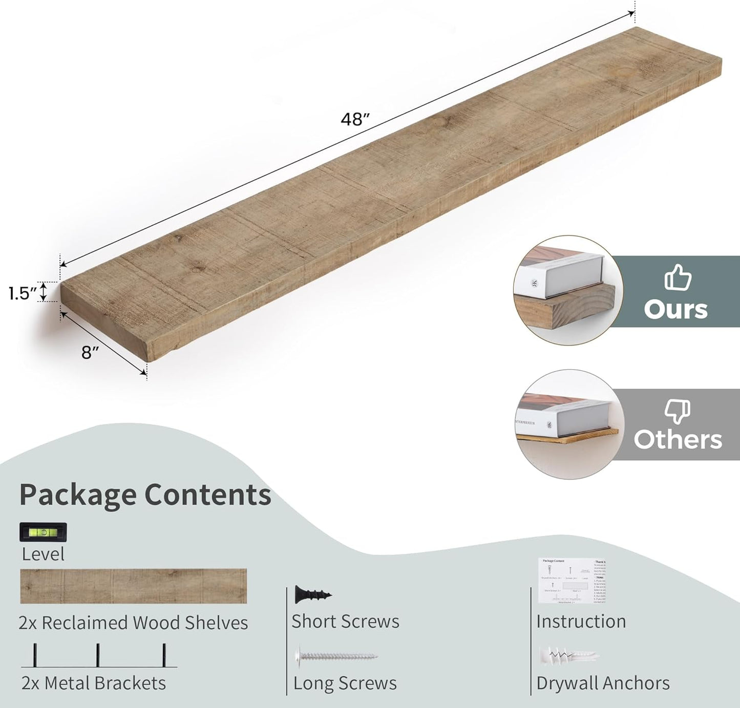 Floating Shelves | 8" Deep Rustic Reclaimed Barnwood Wall Hanging Shelves with Invisible Heavy-Duty