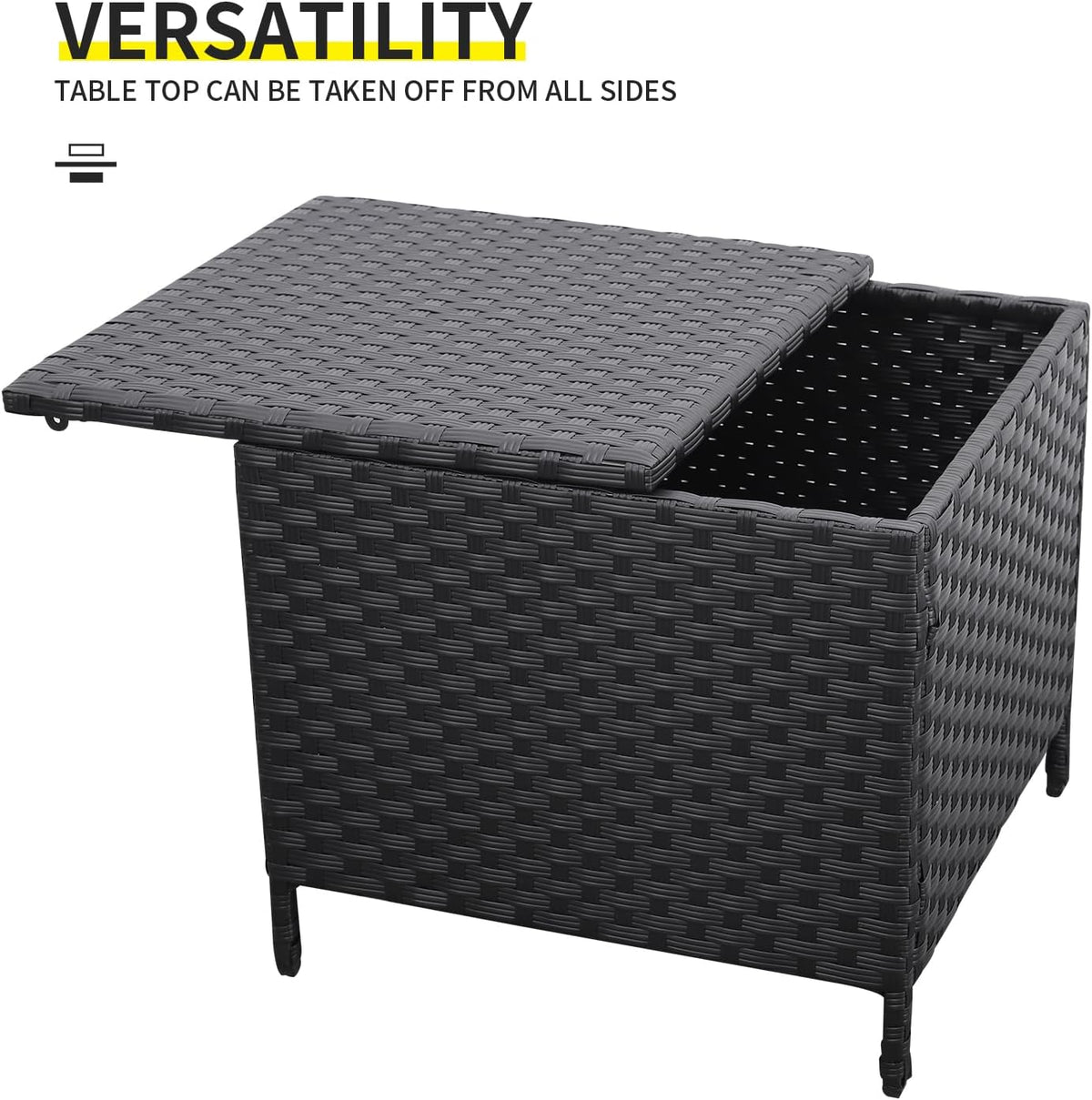 Outdoor Wicker Storage Side Table, Patio Black PE Rattan End Table with Storage, Square Container