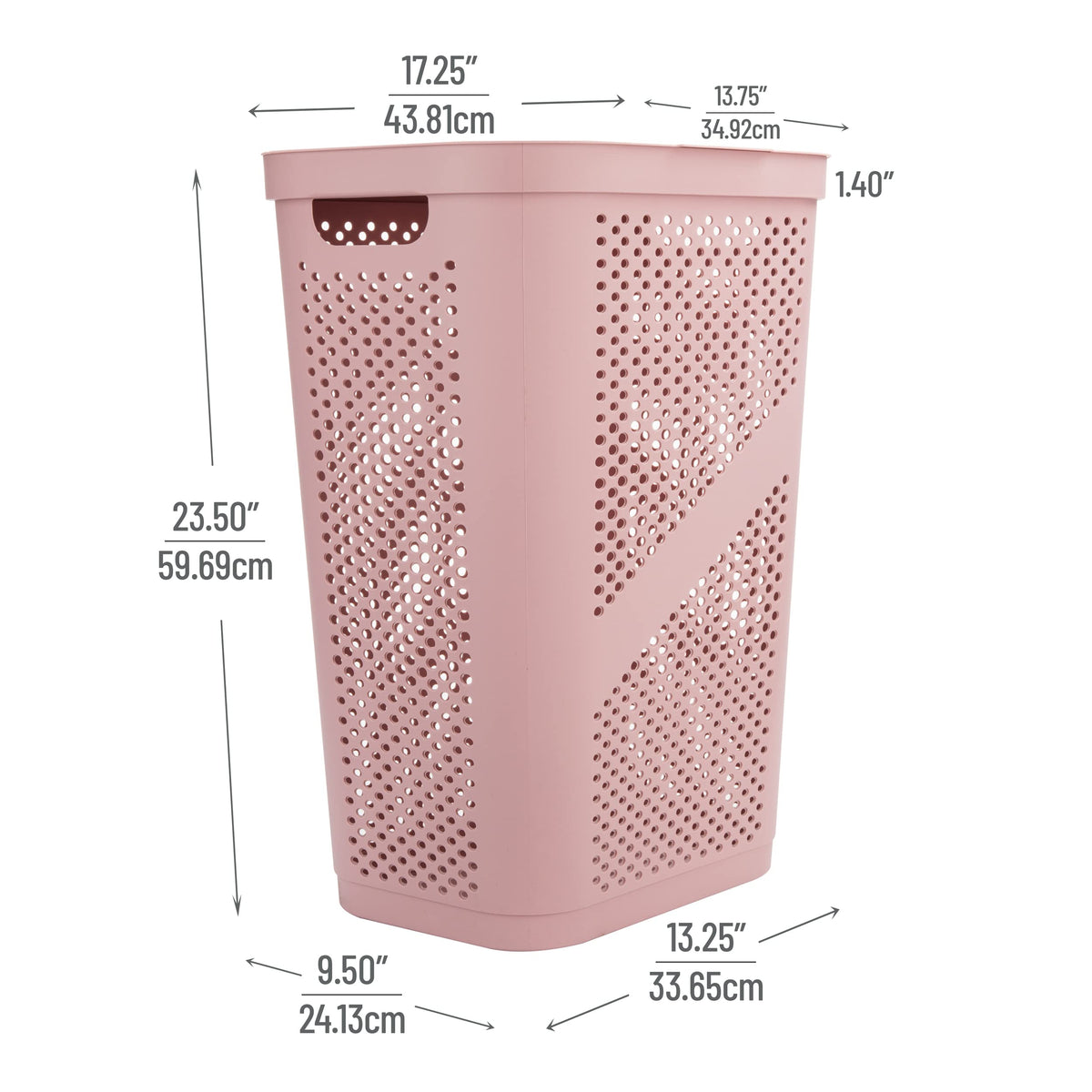 Mind Reader Slim Laundry Hamper with Lid, 60L Clothes Basket, Ventilated Plastic, Pink