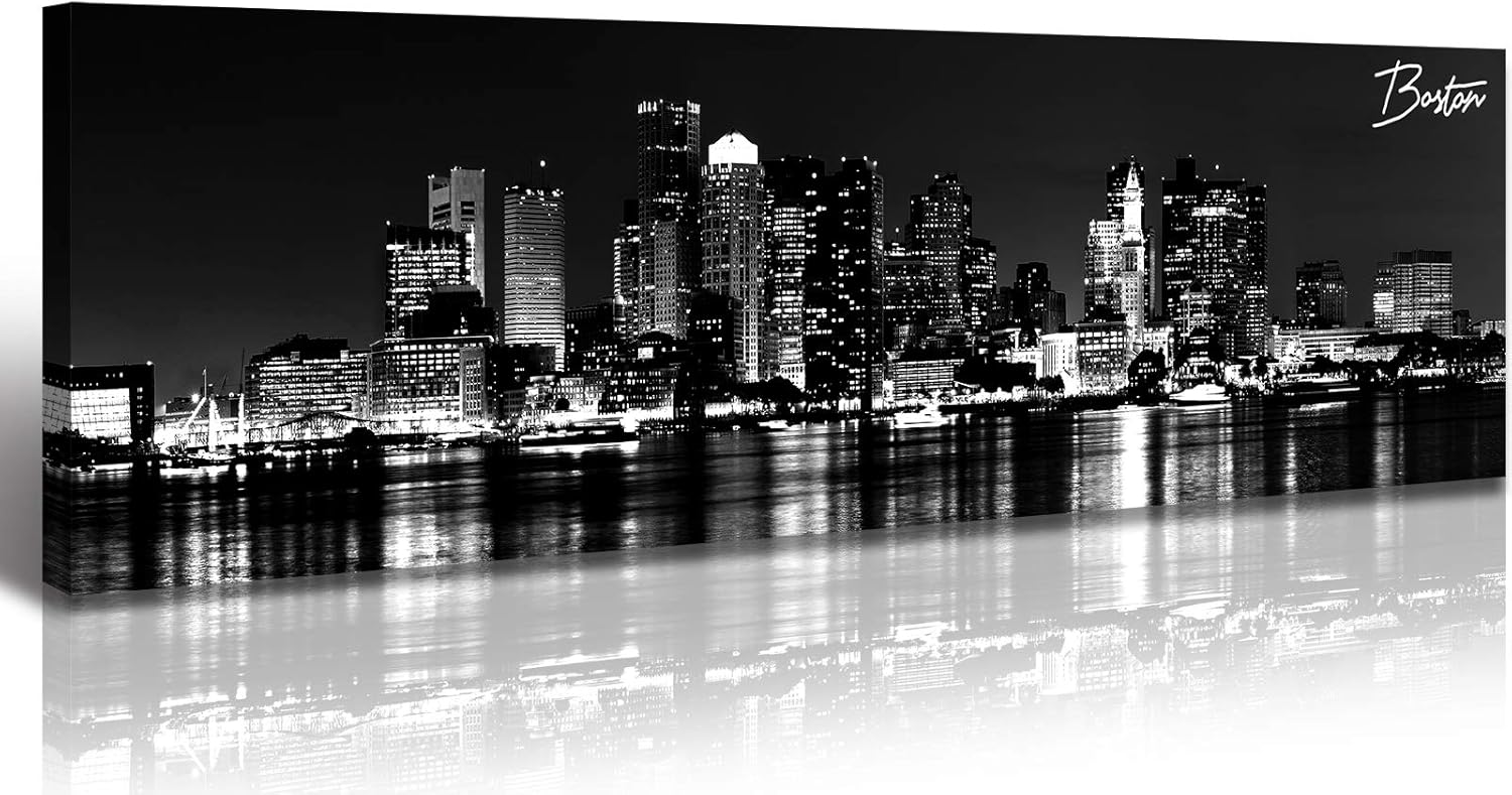 DJSYLIFE Boston Skyline Wall Art Canvas Wall Art Black and White Modern Panoramic Cityscape