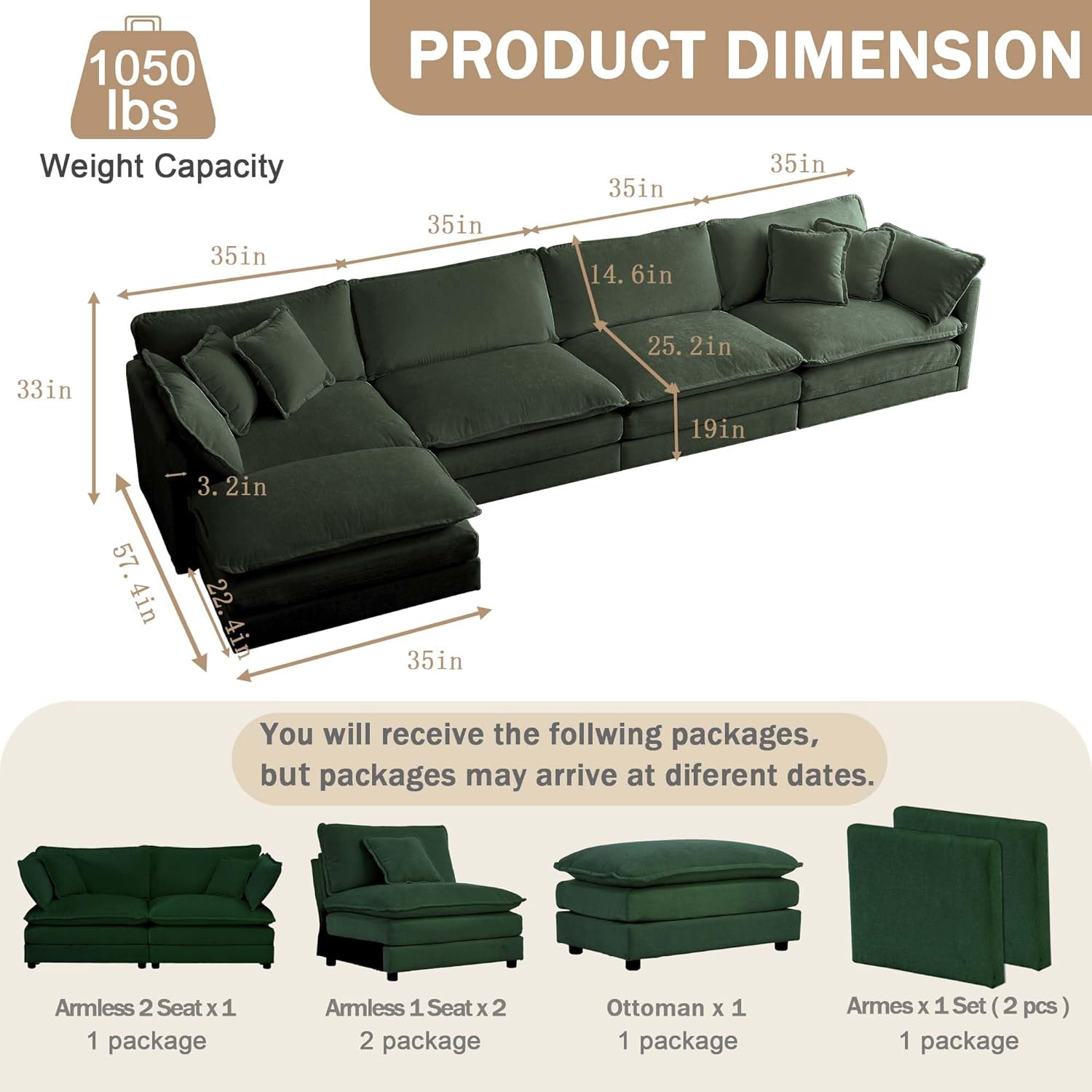 Sectional Sofa 4 Seater with Movable 1 Ottoman,Oversized Modular Couch Deep Seat (Green, 146.5
