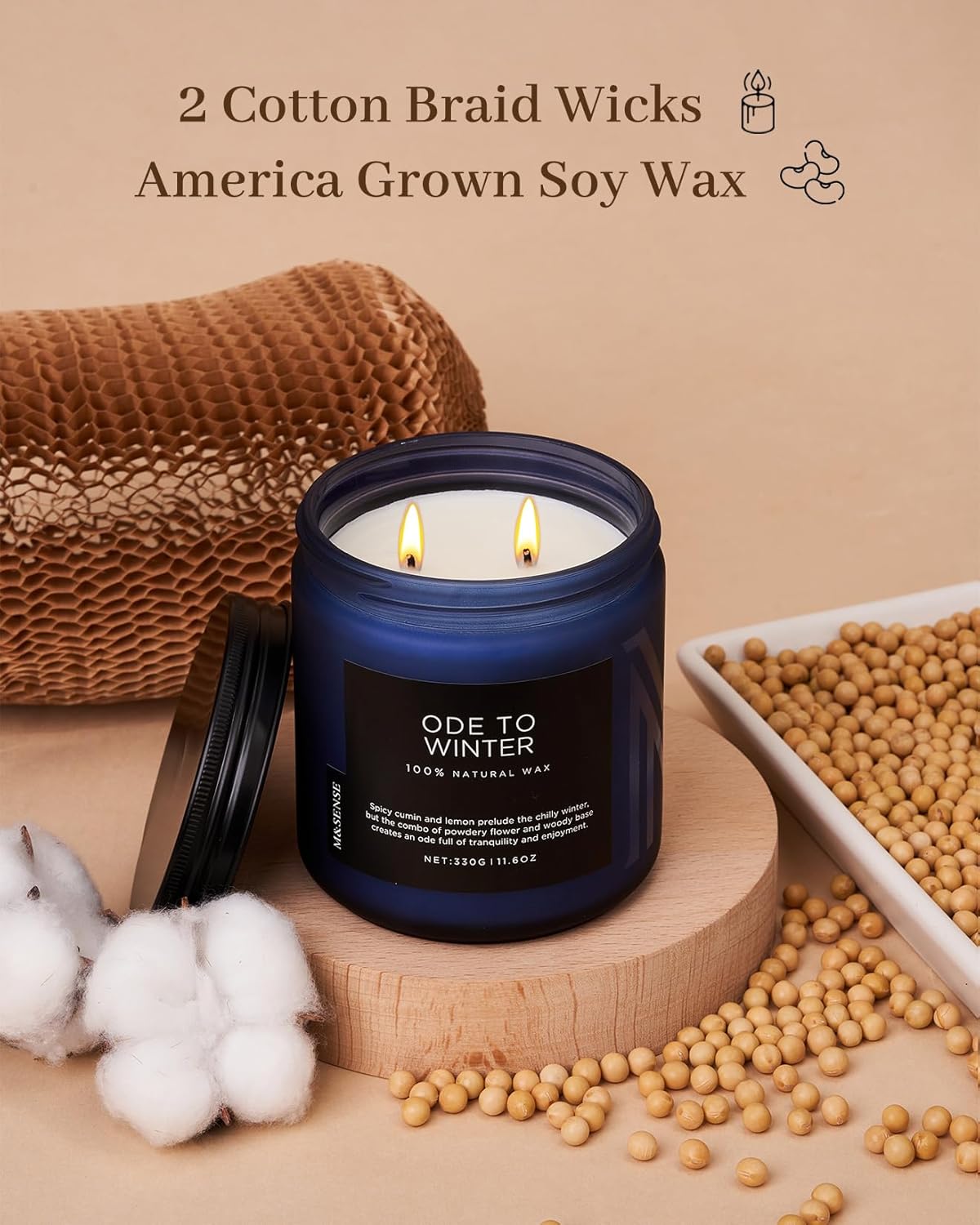M&SENSE Ode to Winter - Lavender Sandalwood Scent 11.6oz Natural Soy Wax Non Toxic Candle, Up to 70