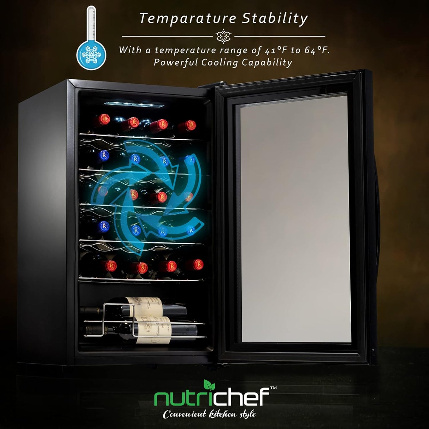 Nutrichef 24 Bottle Wine Fridge | Single Zone Wine Chiller | Adjustable Temperature Control 41°F to