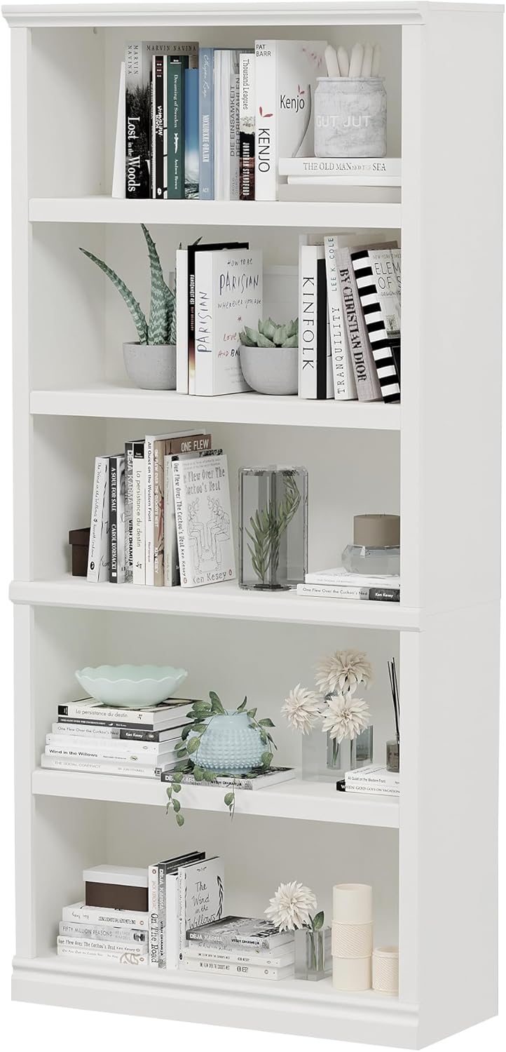 70-Inch Tall White Bookcase, 5 Tiers Shelves Open Storage Bookshelf, 33 in Wide Anti Tipping Indoor