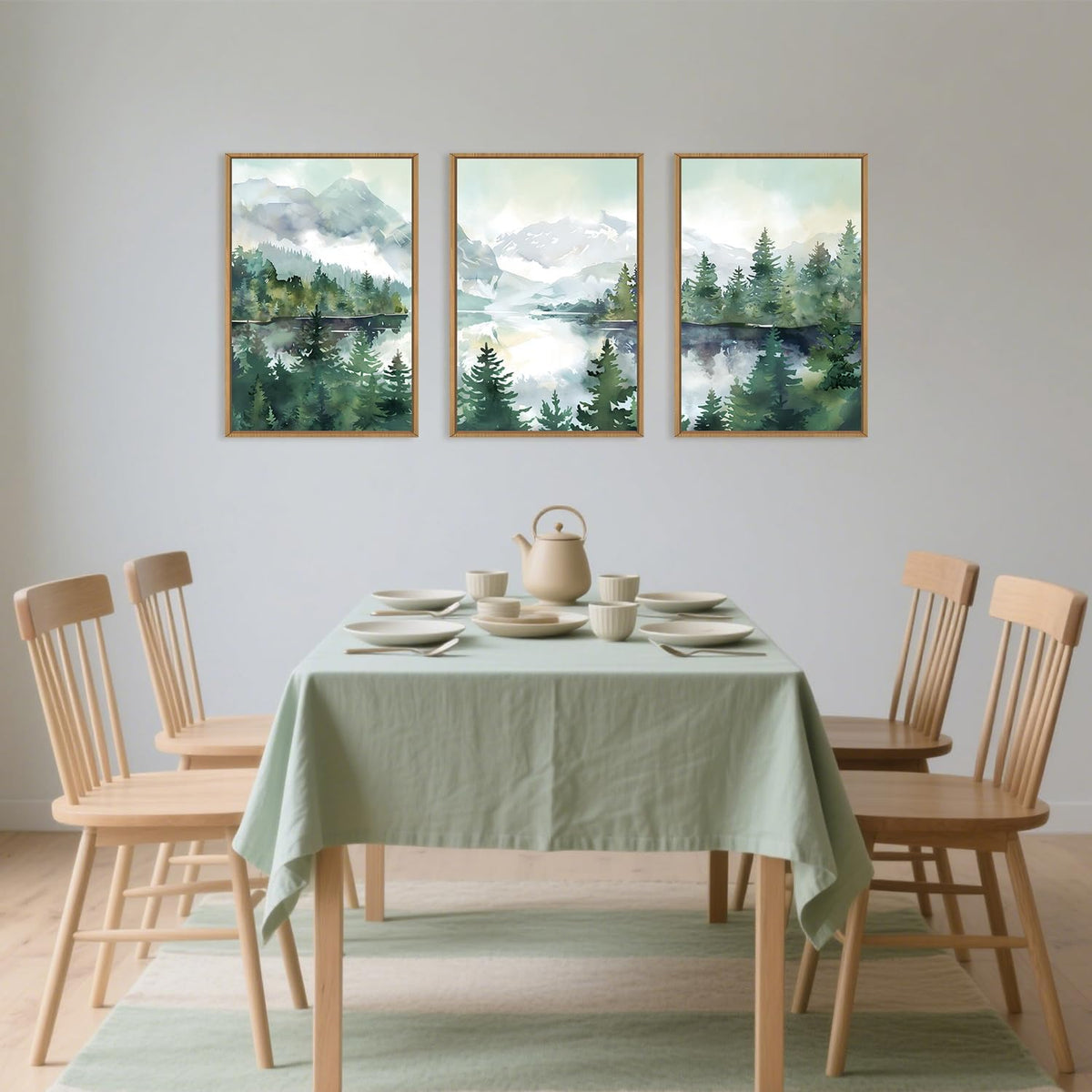 Watercolor Mountain Framed Canvas Wall Art Set, Boho Forest Wall Decor, Nature Green Pines Wall