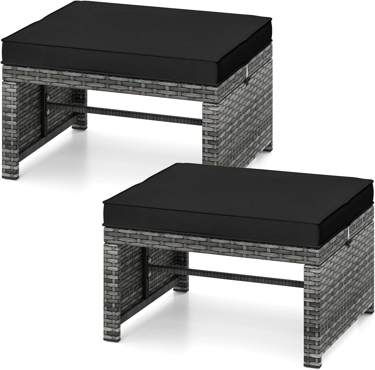 Tangkula 2 Pieces Patio PE Rattan Ottomans, Multipurpose Outdoor Footstool Footrest Additional