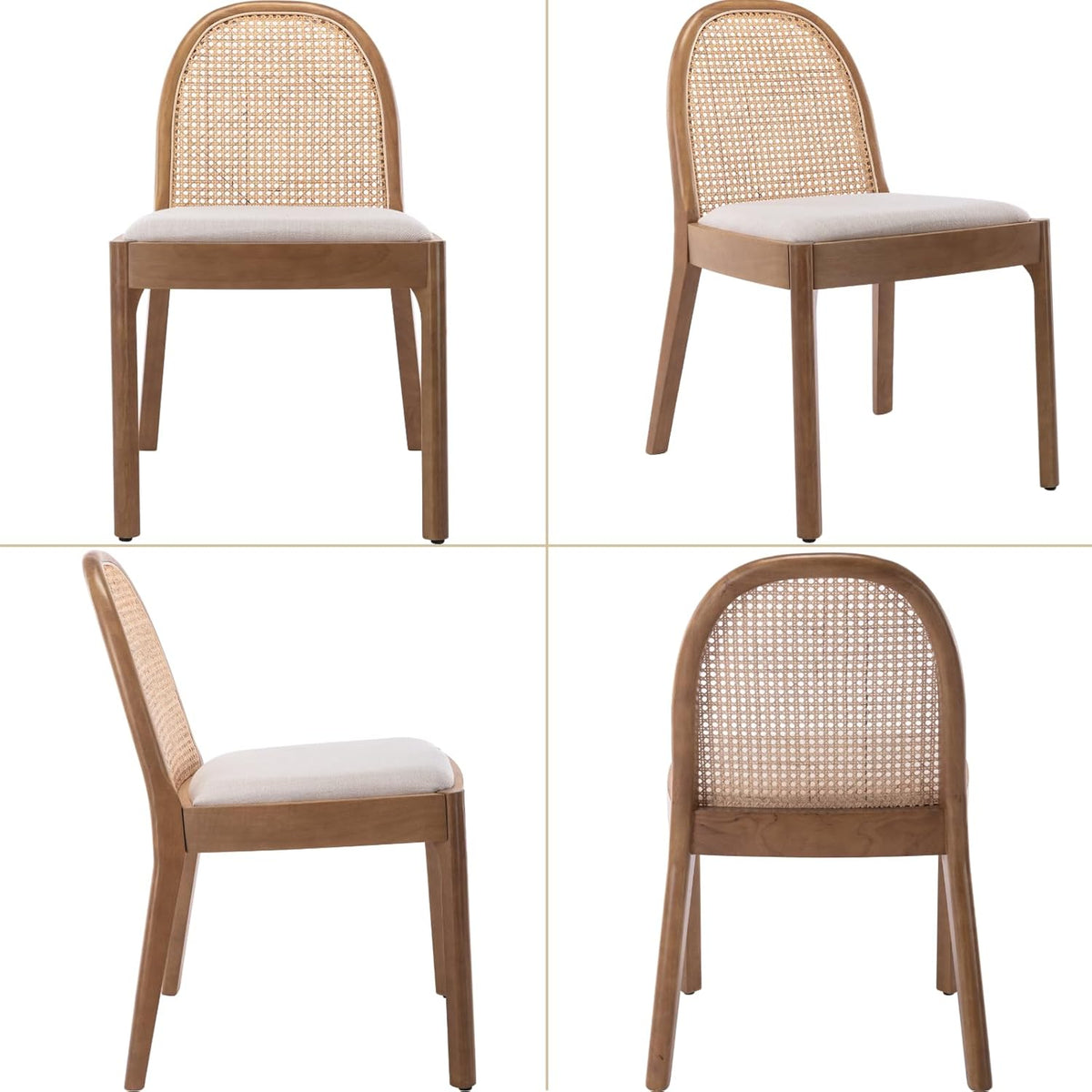 Mid Century Dining Chairs Set of 2, Accent Rattan Linen Fabric Side Chairs Kitchen Chair with Solid