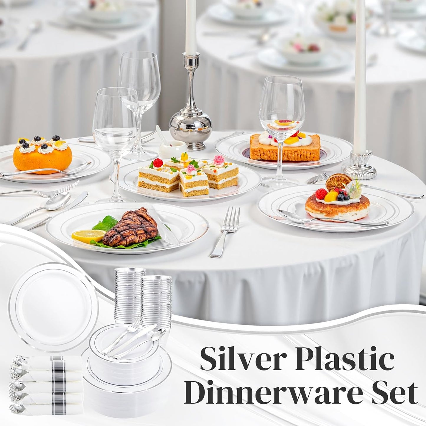 350Piece Silver Plastic Dinnerware Set for 50 Guests - Silver Plastic Plates with Cutlery